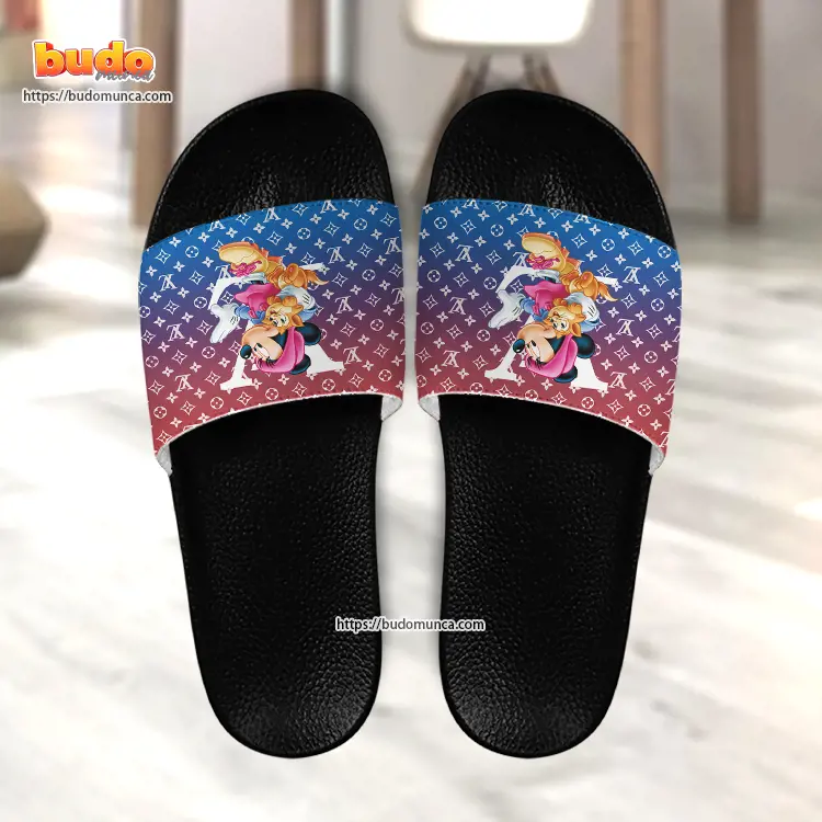 Slide sandals minnie mouse cute disney and louis vuitton gift unique slide sandals for man woman and kid